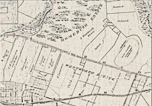 Early parish map showing land included in the Homebush Estate (D Wentworth) NSW Department of Lands